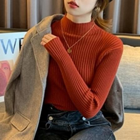 Dam flickor Stickat tröja Mock Neck Sweater Inner Bottoming Shirt Långärmad Red M