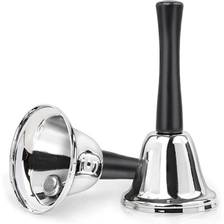 2 stk. håndklokke, sølvstål klokke, ringeklokke med håndtag