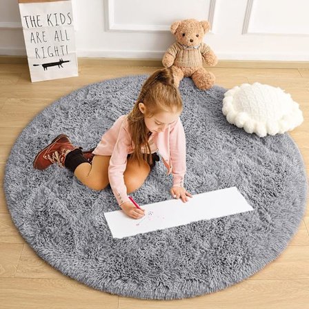 Grå Rund Matta för Tonåringar Flickor Barn Sovrum, Söt Fluffig Cirkel S