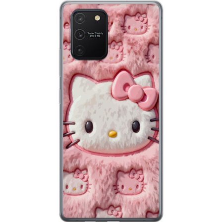Kompatibel Mobilcover til Samsung Galaxy S10 Lite Hello Kitty lyserød fluffy baggrund med ikonisk ansigt og kawaii-æstetik