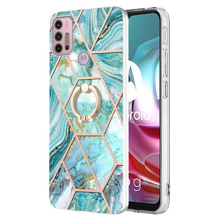 Marble Patterned Suojakuori With Ring Holder For Motorola Moto G30 - Sininen