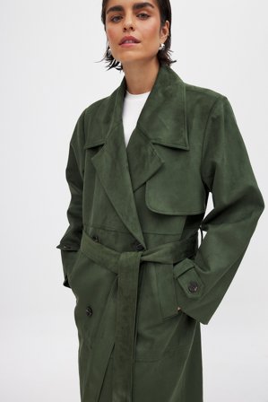 NA-KD Faux Suede Oversized Trenchcoat - Trenchcoats - Grøn - EU 40