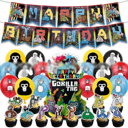 Gorilla Tag bursdagsfestdekor og rekvisita sett inkludert Happy Birthday Banner, kake/cupcake toppers, ballonger, Gorilla Tag temafestgave