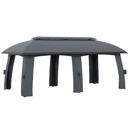 Havepavillon 3 x 6 m partytelt med dobbelt tag & sidevægge, fluenet til op til 15 personer, galvaniseret metal, mørkegrå