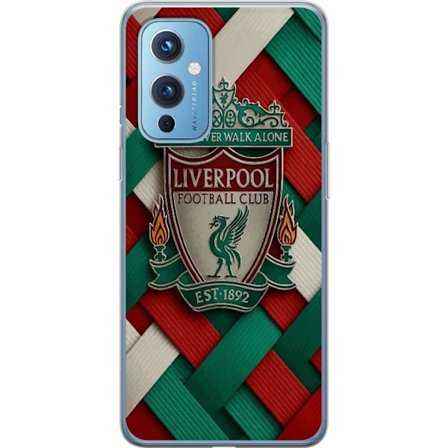 Yhteensopiva Puhelinkuori OnePlus OnePlus 9 Liverpool Football Clubin tunnus, jossa You'll Never Walk Alone voimakkaassa graafisessa suunnittelussa in