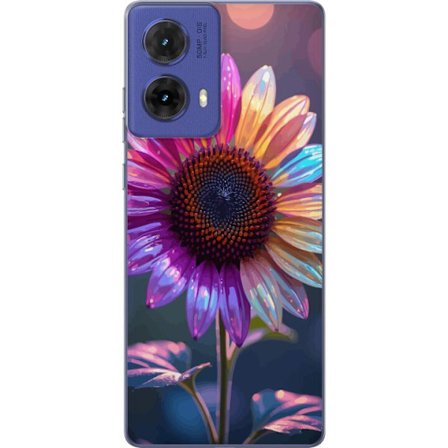 Kompatibelt Mobildeksel til Motorola Moto G85 Irideserende blomst med glitrende kronblad i rosa lilla og gull mot myk bokeh bakgrunn