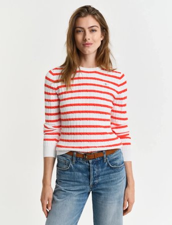 GANT Stretch Cotton Cable Stripe C-Neck - Red - L