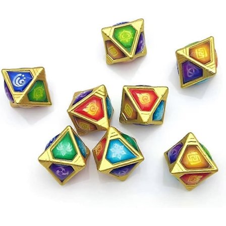 Genius Invokation TCG Terningesæt, Håndlavet 8 stk. Rhombisk Solidt Polyhedral Terningesæt med 7 Elementære Terninger & 1 Omni Element til Genshin 