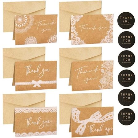Paket med 12 tackkort i kraftpapper. Inkluderar 6 olika