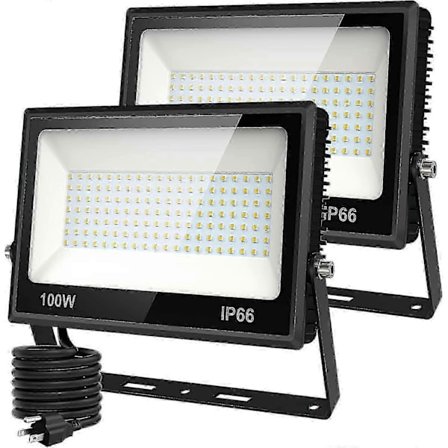 2-pakning 100W LED flomlys utendørs med kontakt, 9000lm IP66 vanntett sikkerhetsbelysning 6500K dagslys