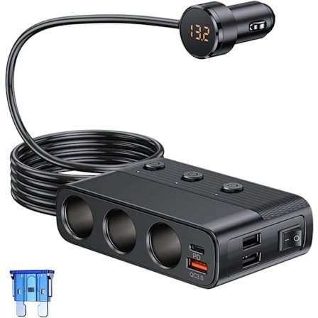 127W 3-veis sigarettenneradapter for bil med USB QC 3.0 PD Dobbel USB 12V 24V sigarettenner strømskinne med individuell bryter LED voltmeter