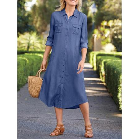 Dam Denim Lapel Shirt Klänning Sommar Elegant Långärmad Lös