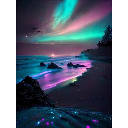 (12x16 tuumaa) Aurora Diamond Art Kit aikuisille - Beach 5D Diamond Painting Kits aikuisille, Landscape Gem Art Kits kotiin W