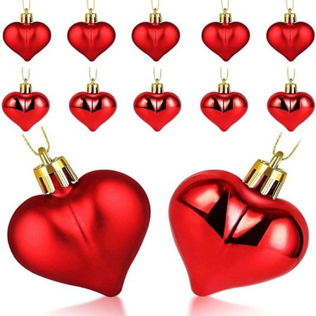 12 röda hjärtformade prydnadskulor, blanka och matta, för dekorationer till Alla hjärtans dag, hjärtformade julgranskulor