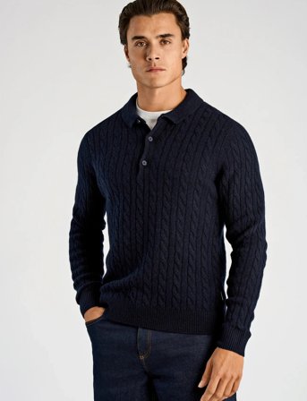 Lindbergh Lambswool L/S Button Polo - Navy - L