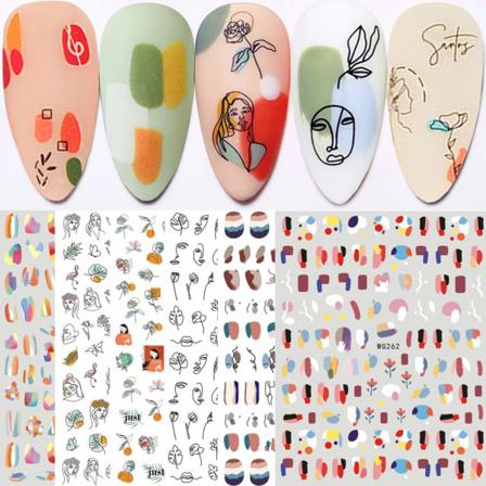 Abstrakta nagelklistermärken 3D självhäftande abstrakt dam ansikte ros blad nageldesign manikyr tips nageldekoration(6 ark)