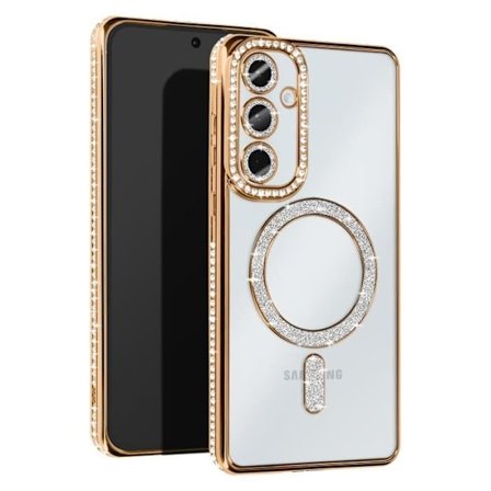 Fodral till Samsung Galaxy A55 - AVIZAR - Rhinestone outline - Guld - MagSafe