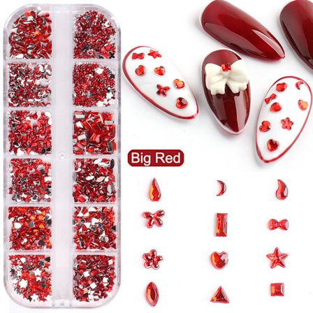 Yksi sarja (punainen) kynsien koristelukorut 12 ruudukkoa Fancy Heart Star Resin S