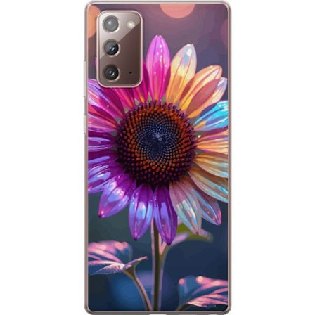 Kompatibelt Mobildeksel til Samsung Galaxy Note20 Irideserende blomst med glitrende kronblad i rosa lilla og gull mot myk bokeh bakgrunn