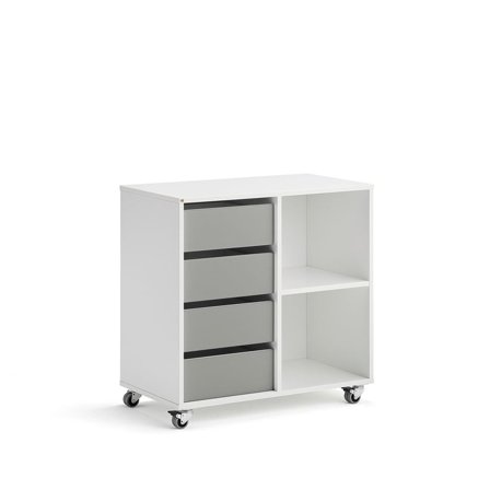 Elevförvaring CASPER, 4 lådor, 2 fack, hjul, vit, grå