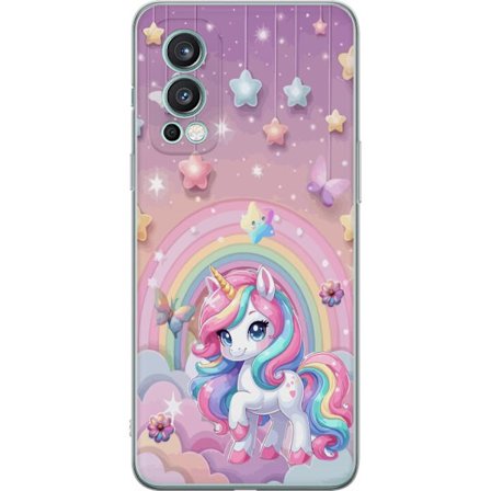 Kompatibelt Mobildeksel til OnePlus Nord 2 5G Magisk enhjørning med regnbue manke, stjerner og sommerfugler mot en pastellhimmel med skyer