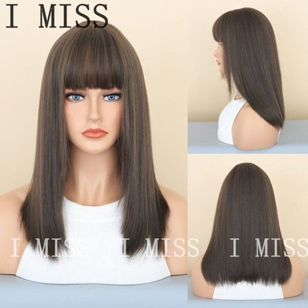 Kvinnlig peruk med lugg naturlig brun fluffig medellång naturlig syntetisk