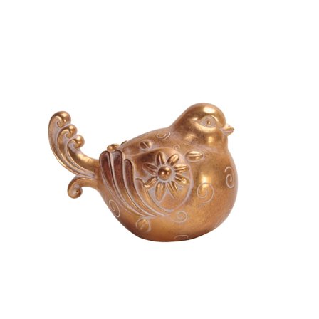 Kultainen polyresiiniharjakoriste, lintu, 15x10x11cm