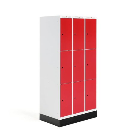 Student locker ROZ, 3 modules, 9 doors, 1890x900x550 mm, red, incl. base