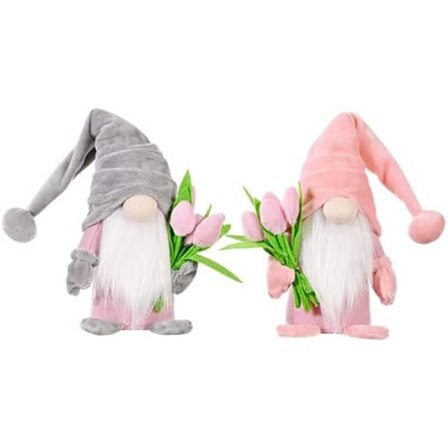 Stående sød nisse med tulipanbuketter Søde dværgnissefigurer Gave til mor kæreste kone Mors dag 37 x 8 x 6 cm (Pink + Grå)