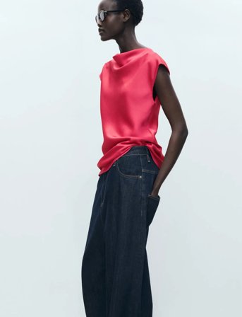 Mango Satin Blouse With Draped Neck - Pink - XS