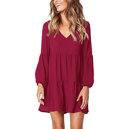 Dam V-ringad Casual Lösa Klänningar Red L