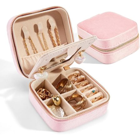 Rejse Smykkeskrin i Velour med Spejl, Mini Gaveæske, Små Bærbare Organizer Æsker til Ringe Øreringe Halskæder - Pink