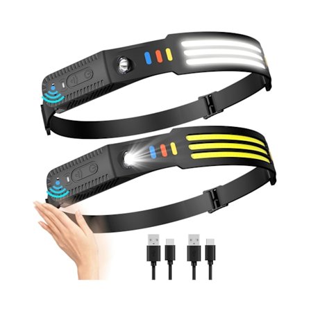 2 STK Genopladelig Pandelampe, 230° Bred Stråle LED-forlygte med Bevægelsessensor & 5 Lysindstillinger til Voksne Vandreture, Camping og Løb