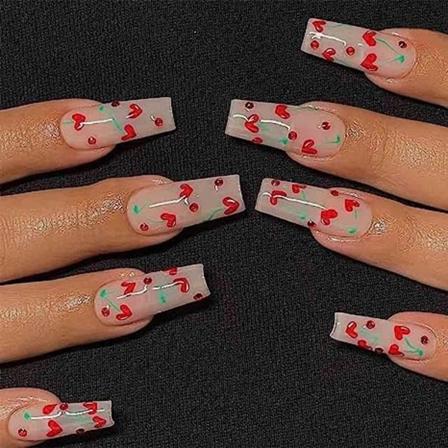 Valentinsdag Trykk på negler Lang kiste falske negler Rhinestone falske negler Kunstig full dekning falske negletips for kvinner og jenter- 24 stk.