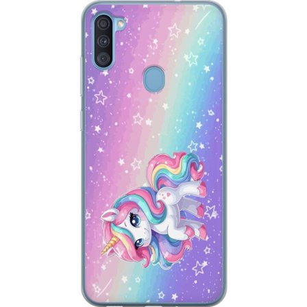 Yhteensopiva Puhelinkuori Samsung Galaxy A11 Stitch polaroid-kehyksissä sinisillä pastellisävyillä ja suloisilla ilmeillä kollaaseissa sydämillä