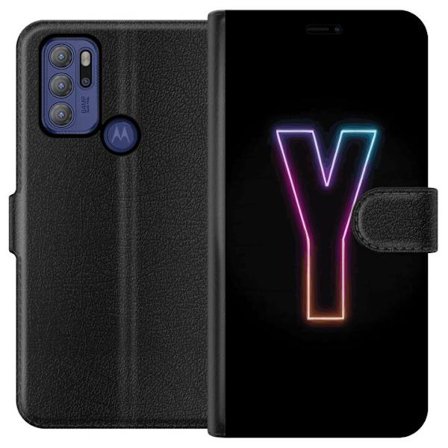 Kompatibel Tegnebogsetui til Motorola Motorola Moto G60S Minimalistisk neonbogstav Y i farveskiftende lys mod sort baggrund