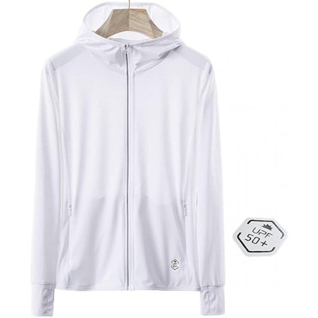 UPF 50+ UV Solbeskyttelse Dame Zip Up Hoodie Langærmet Fiske Løping Vandring Jakke Utendørs Performance Skjorte, Hvit, L