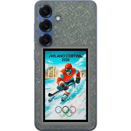 Yhteensopiva Puhelinkuori Samsung Galaxy S25+ Curlingkuvitus pelaajilla ja kivillä jäällä, Milano Cortina 2026, lumisia roiskeita ja olympiasormukset