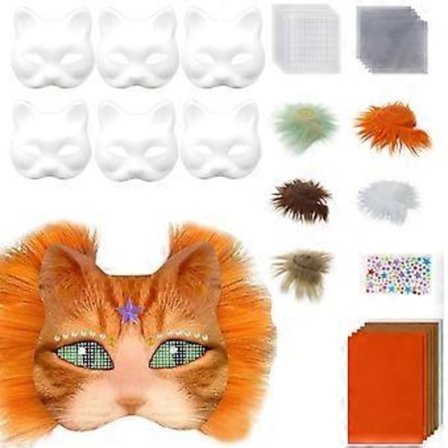 Håndmalte Kattemasker Dyremaskesett Maskerade Maske Blank Maske med Plysjstoff Halloween Festmaske for Voksen