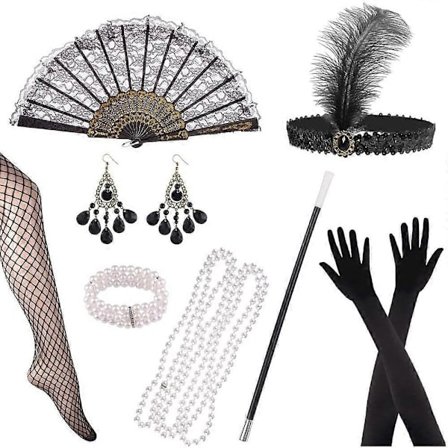 1920-tals Dam Flapper Tillbehör Gatsby Kostymer Tillbehör Set 20-tals Flapper Pannband Pärlhalsband Armband Örhängen Handskar-WELLNGS