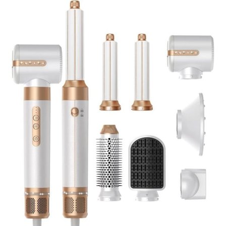 7-in-1 hiustenkuivaajasetti, pyörivä fööniharja, ammattimainen kampaamolaukku, kiharrin, suoristuskampa (valkoinen)