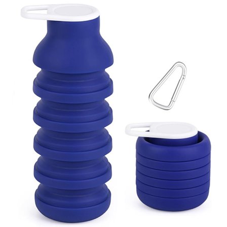 Sammenklappelig Silikone Vandflaske 600 ml - Foldbar Rejseflaske Lækagesikker, BPA-fri, Tåler Opvaskemaskine Inkluderer karabinhage