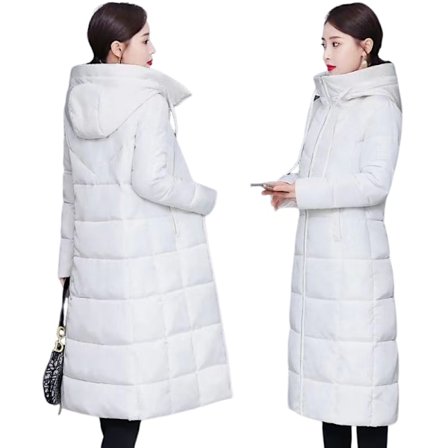 Vinterjacka för kvinnor med huva, lång över knä, varm, tjock vadderad jacka, vadderad bomullsjacka, avslappnad kappa