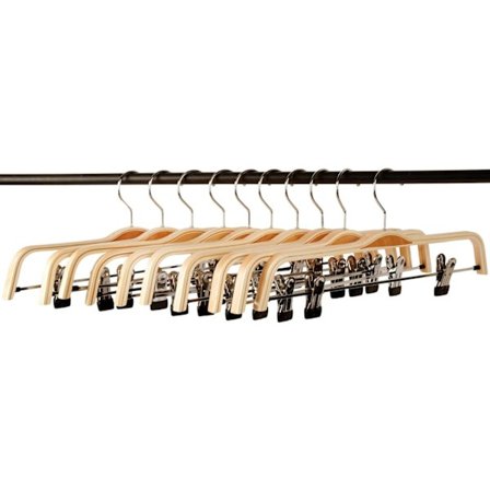 (37,5×1,1×37,5 cm) Pakke med 10 ekte kleshengere i tre, lys farge, holdbare, for bukser og klær, med klemmer