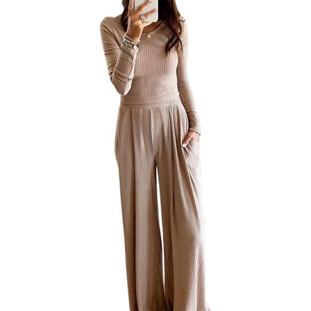 Elegant Ribbstickad Dam Hemkläder Casual O-neck Toppar Breda Ben