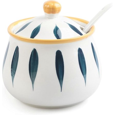 Sukkerskål i porcelæn med låg og ske, keramisk sukkerbeholder til køkken og hjem, sukkerskåle i bondegårdsstil til kaffebaren