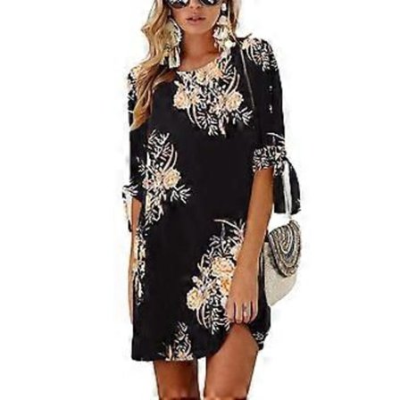 Svart 2XL Blomstrete Kjole Rund Hals Halv Erme Over Kne Lengde Kjole for Sommer