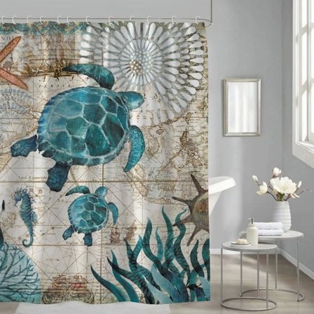 Anti-skimmel Bruseforhæng Badeværelse Badekar Forhæng 180x180 Havskildpadde Marine Smukke Tryk i Vandafvisende Stof med 12 Kroge Modstandsdygtig Let 