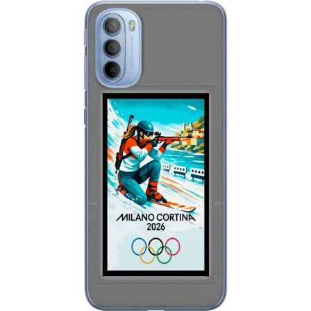 Yhteensopiva Puhelinkuori Motorola Moto G31 Retrojuliste Cortina Milano 2026 vuorilla, talviurheilijoilla, italiankoloreilla, Milanon tuomiokirkolla j