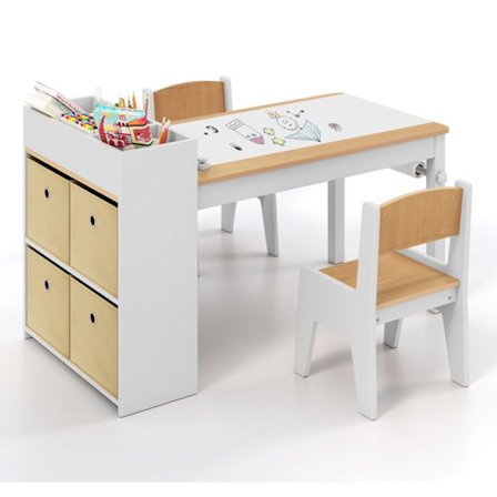 Bord og 2 Børnestole - COSTWAY - Støtte og Papirrulle - Åbne Hylder - 4 Stof Opbevaringskasser - Natur